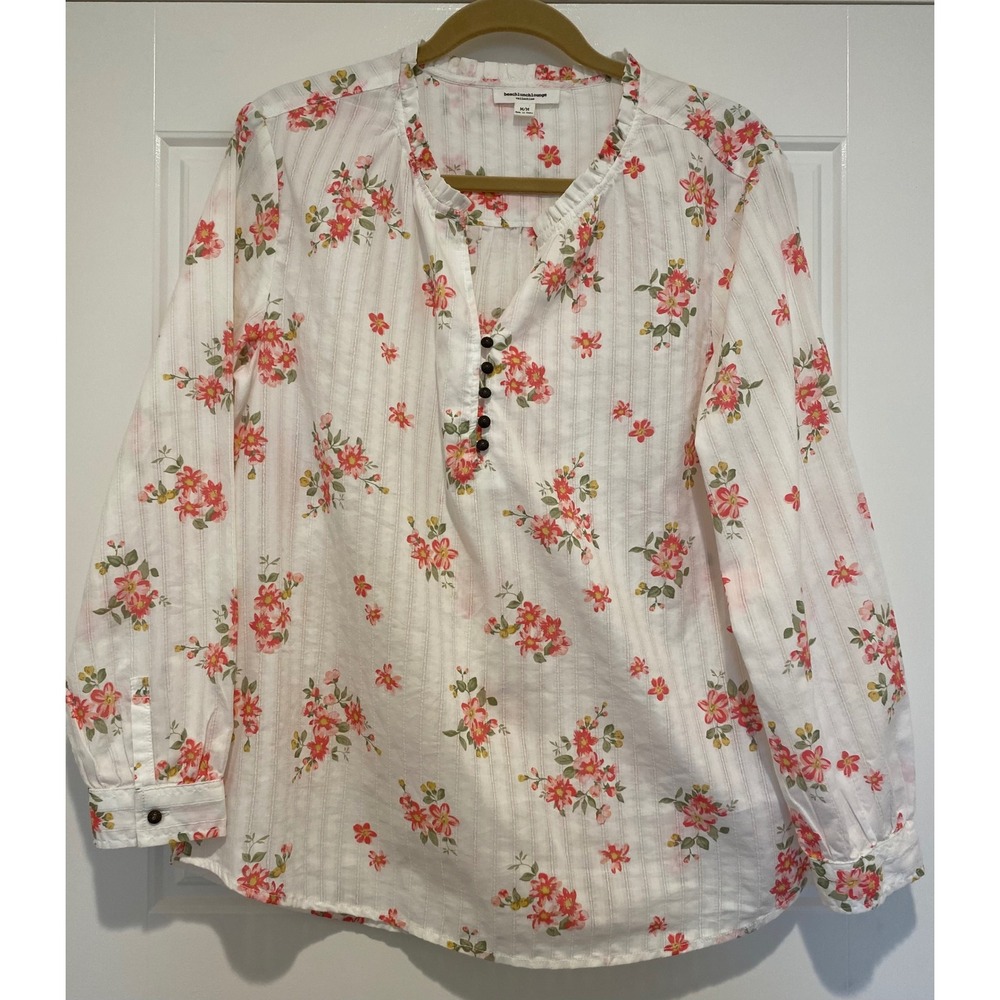 BeachLunchLounge Floral Cotton Blouse White Pink Long Sleeve Top Medium 090